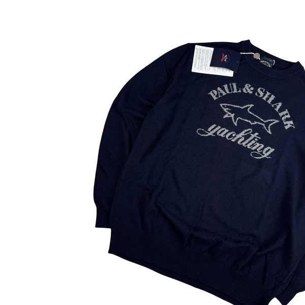 Paul & Shark Navy Wool Spellout Logo Crewneck - Large