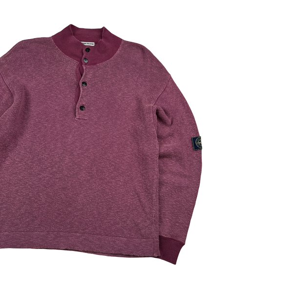 Stone Island 1986 Knitted Chenille Green Edge Patch Buttoned Pullover - Large
