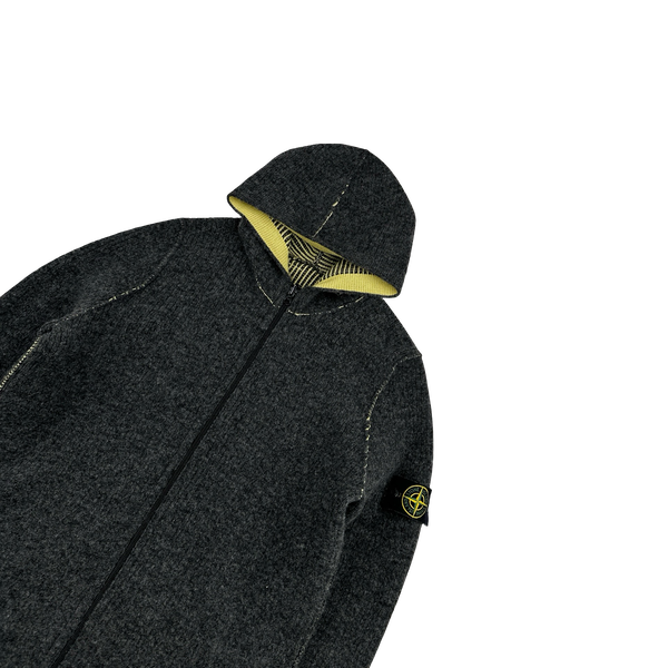 Stone Island Reversible Yellow/Grey Wool Contrast Ribbed Knit Hoodie - Medium
