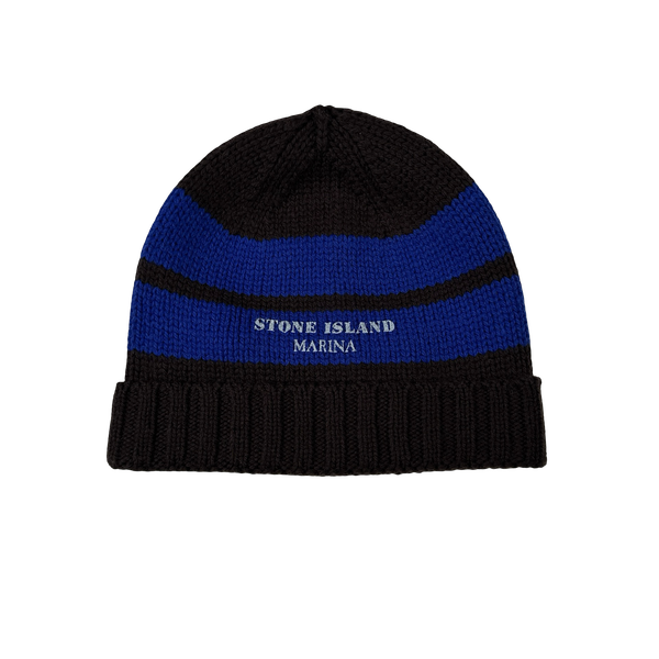 Stone Island 2025 Marina Blue Striped Wool Spellout Beanie