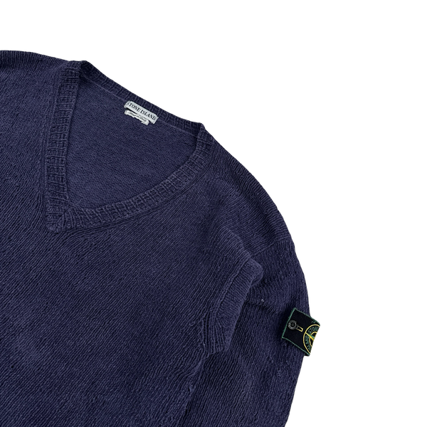 Stone Island Vintage 1998 Navy Chenille Knitted Cotton Jumper - Large