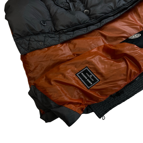 Stone Island 2007 Opaque Nylon Tela Spellout Hood Mesh Badge Long Puffer Jacket - 3XL