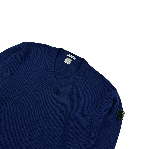 Stone Island 90s Blue Wool V-Neck Vintage Jumper - Large