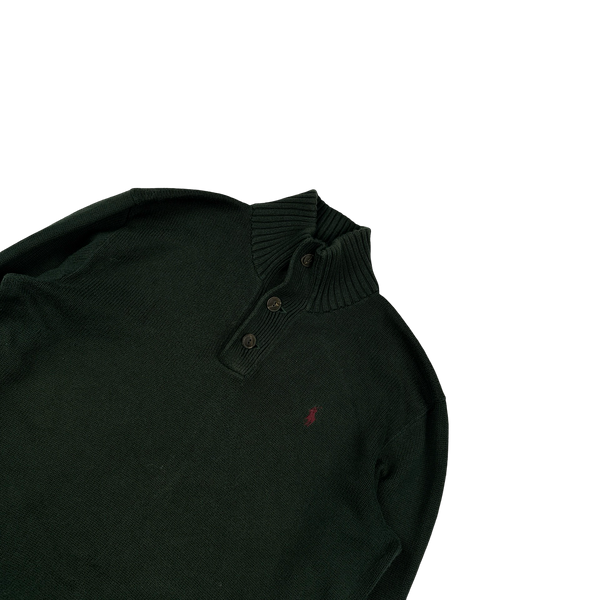 Ralph Lauren Dark Green Cotton Knit Quarter Button Jumper - Medium