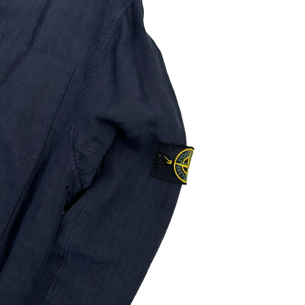 Stone Island 2008 Navy Lino Mesh Badge Linen Zip Up Jumper - Large