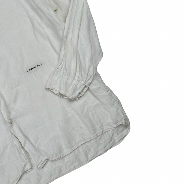 Stone Island White Linen Spellout Buttoned Shirt - Large
