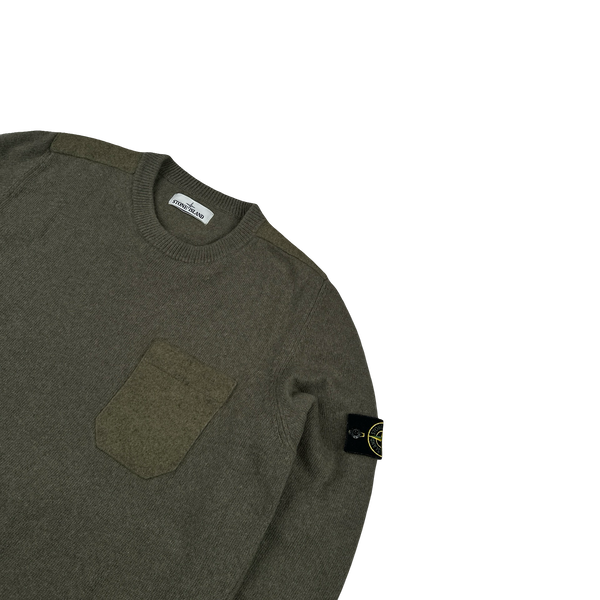 Stone Island 2018 Khaki Wool Chest Pocket Crewneck Jumper - XXL