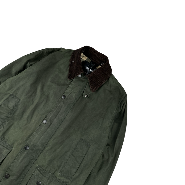 Barbour Border Green Cotton Flannel Lined Corduroy Collar Wax Jacket - Large