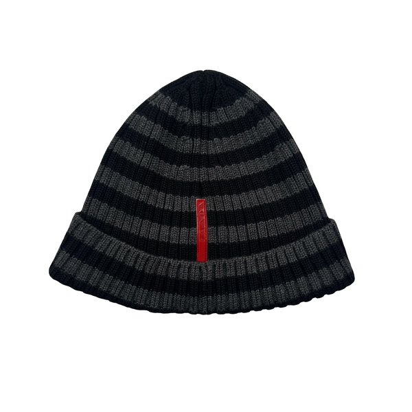 Prada Red Tab Charcoal Wool Spellout Beanie