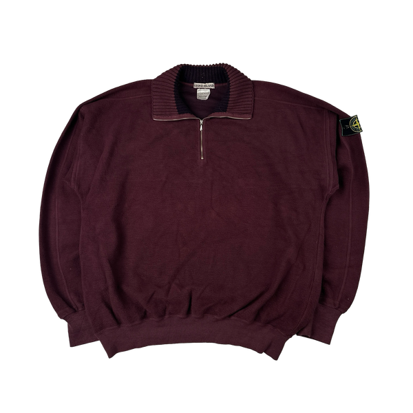 Stone Island Vintage 1990s Bordeaux Red Zipped Quarter Pullover - XL