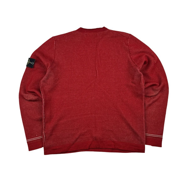 Stone Island 2009 Red Ribbed Reversable Wool Blend Crewneck Jumper - Medium
