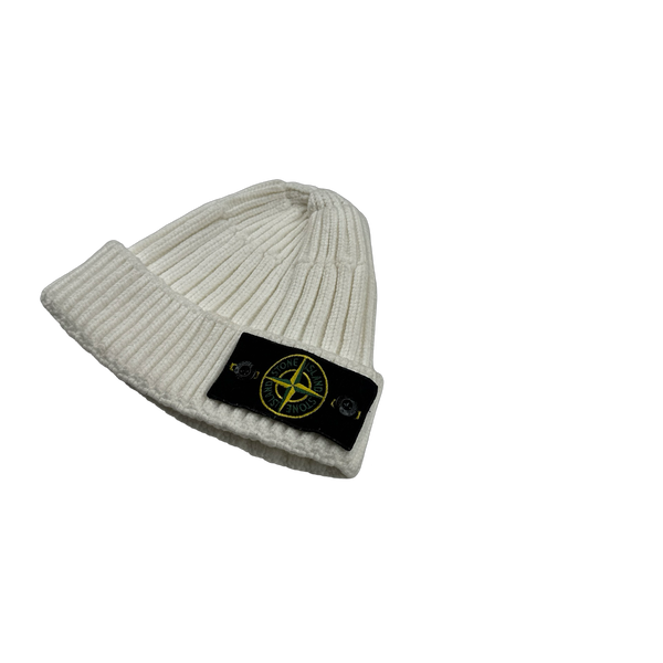 Stone Island White Ribbed Wool Badge Beanie