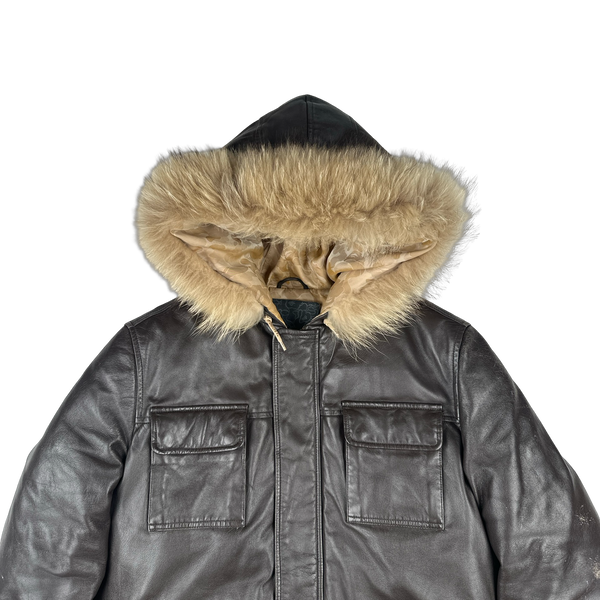 BAPE Nigo Era Brown Heavyweight Leather Fur Hooded Down Filled Jacket - Small
