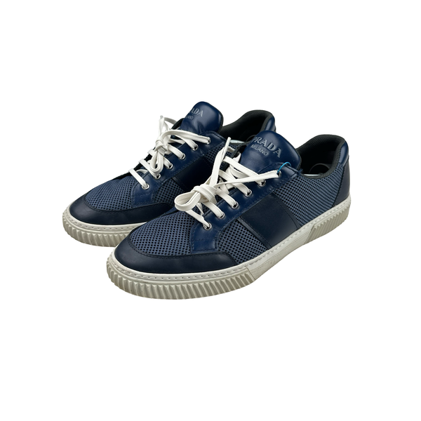 Prada Navy White Mesh Toe Trainers - UK 9