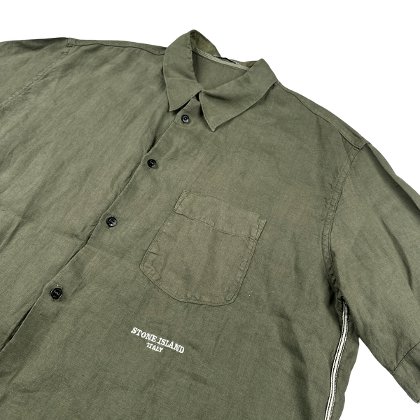 Stone Island 2004 Khaki Lino Flax Spellout Short Sleeve Shirt - XXL