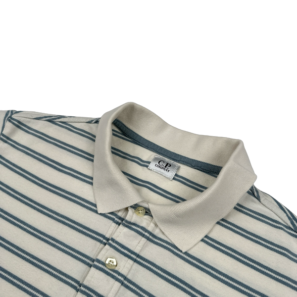 CP Company 2010 Blue Striped Spellout Cotton Short Sleeve Polo - Large