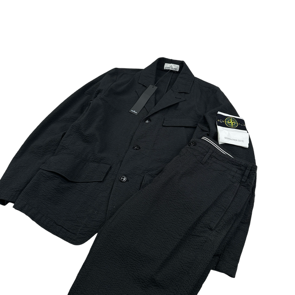 Stone Island 2019 Black Seesucker CO-TC Blazer Trousers Suit Set -  Small