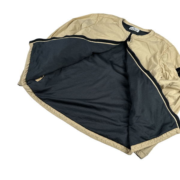 Stone Island Beige Garment Dyed Spellout Collarless Zip Up Jacket  - Large