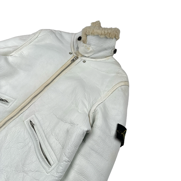 Stone Island 2005 White Hand Painted Lambskin Leather Thick Shearling Jacket - Medium