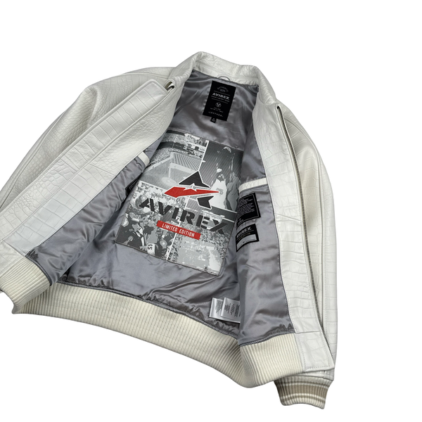 Avirex White Leather Spell Out Bomber Jacket - Medium