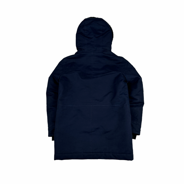 Ma Strum Navy Multi Pocket Long Quilted Fur Hood Trim Jacket - XS