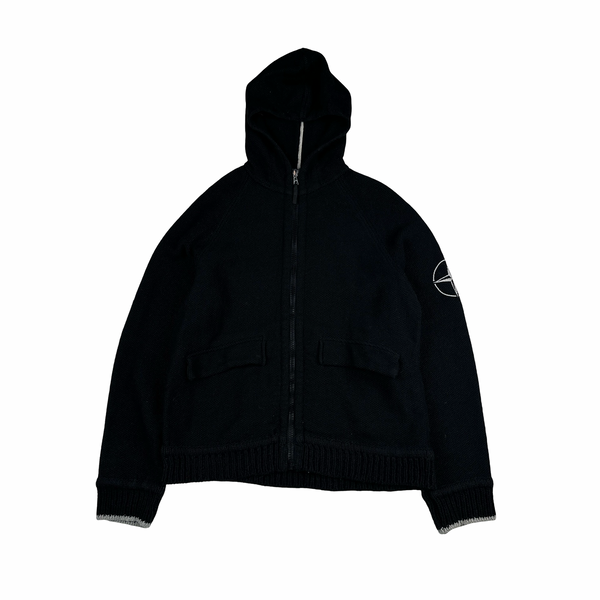 Stone Island 2002 Black Thick Knitted Hooded Compass Jumper - XL