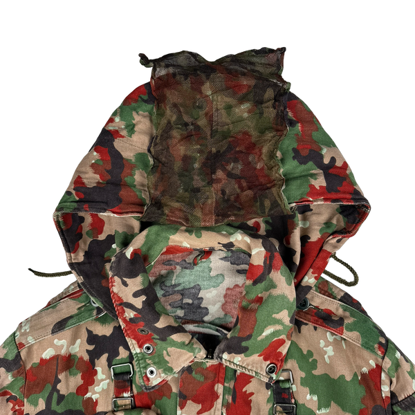 Vintage 70s Swiss Alpenflage M70 Netted Face Covering Multi-Pocket Cotton Jacket - XL
