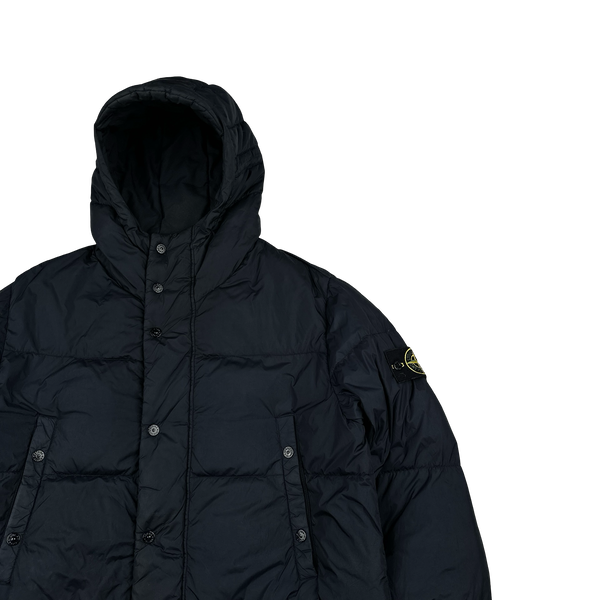 Stone Island Navy Crinkle Reps Down Longline Puffer Jacket - Large