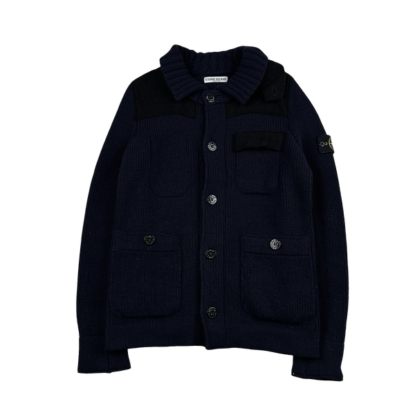 Stone Island 2011 Heavyweight Wool Navy Panelled Buttoned Knit - Medium
