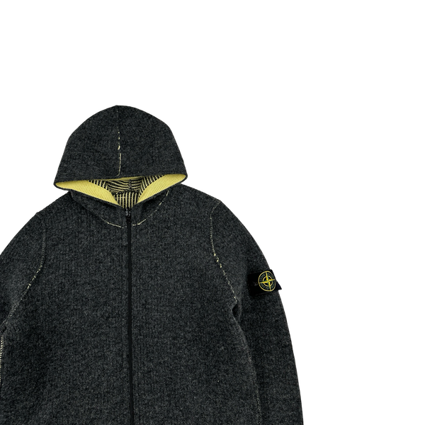 Stone Island Reversible Yellow/Grey Wool Contrast Ribbed Knit Hoodie - Medium