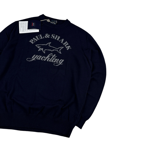 Paul & Shark Navy Wool Spellout Logo Crewneck - Large