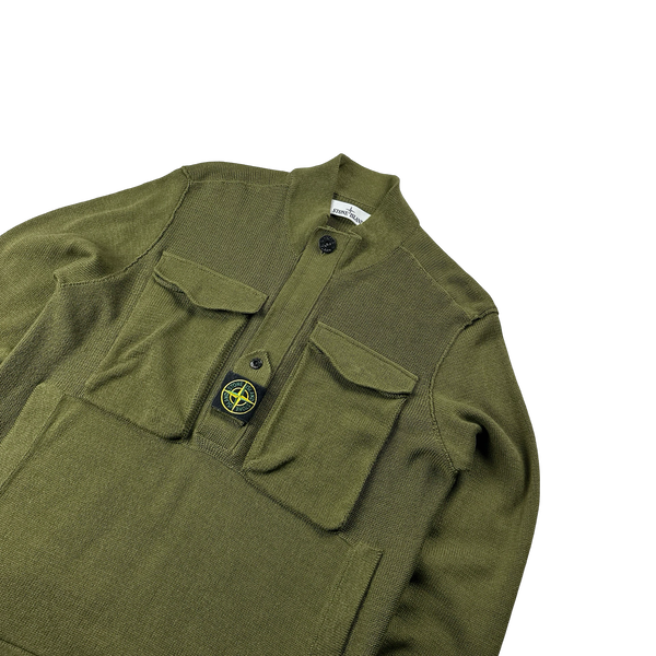 Stone Island 2021 Khaki Ribbbed Knit Centre Badge Zipped Jumper - Large