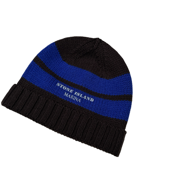 Stone Island 2025 Marina Blue Striped Wool Spellout Beanie