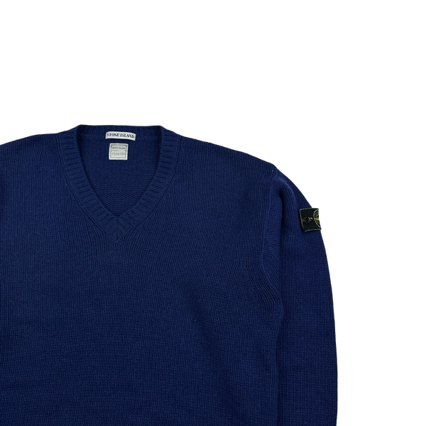 Stone Island 90s Blue Wool V-Neck Vintage Jumper - Large