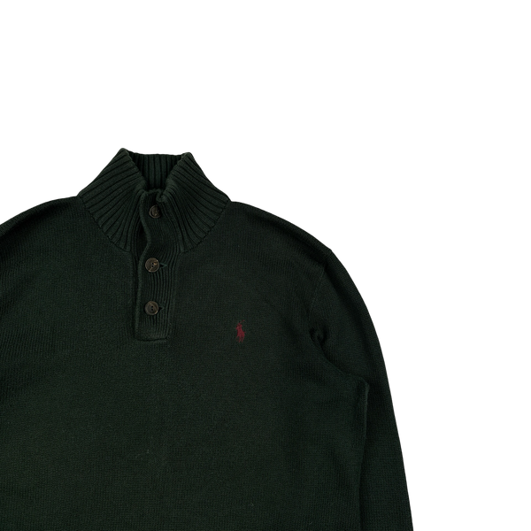 Ralph Lauren Dark Green Cotton Knit Quarter Button Jumper - Medium