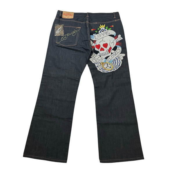 Ed Hardy By Christian Audigier Rare Deadstock Rhinestone Baggy Fit Graphic Skull Jeans - 42"