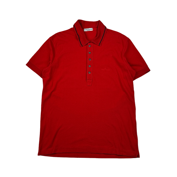 Stone Island 2008 Red Cotton Collared Neck Spellout Polo - 3XL
