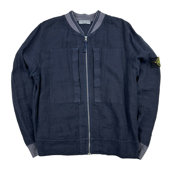 Stone Island 2008 Navy Lino Mesh Badge Linen Zip Up Jumper - Large