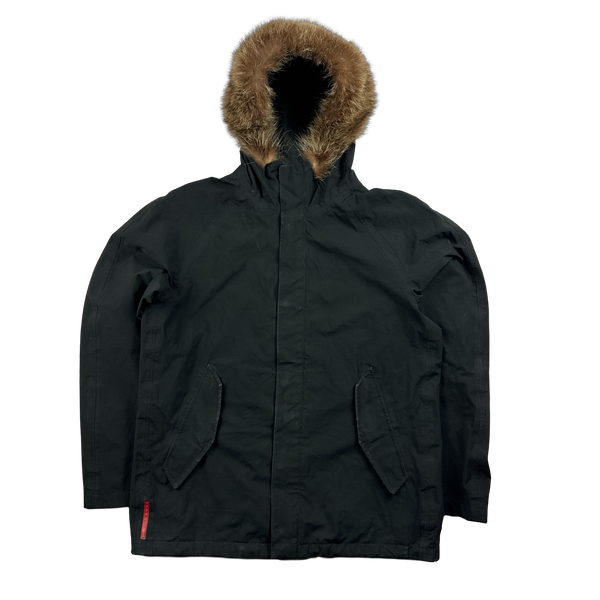 Prada Black Racoon Fur Hood Goretex Parka Jacket - XL