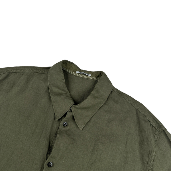 Stone Island 2004 Khaki Lino Flax Spellout Short Sleeve Shirt - XXL