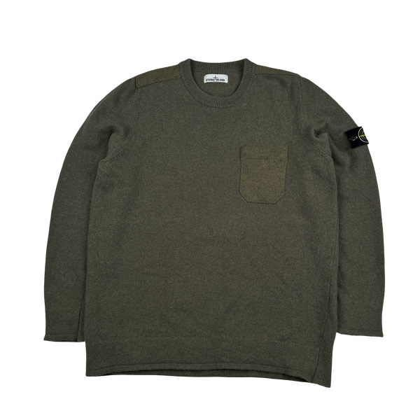 Stone Island 2018 Khaki Wool Chest Pocket Crewneck Jumper - XXL