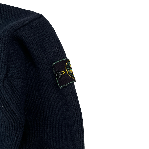 Stone Island 1996 Navy Hooded Wool Buttoned Knitted Jumper - Medium
