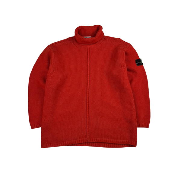 Stone Island 1997 Red Knitted Wool Vintage Roll Neck Jumper - Large