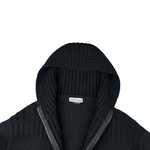 Stone Island AW/2001 Vintage Knitted Zipped Black Hooded Jumper - XXL