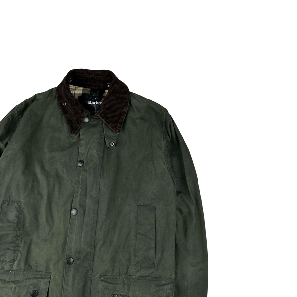 Barbour Border Green Cotton Flannel Lined Corduroy Collar Wax Jacket - Large