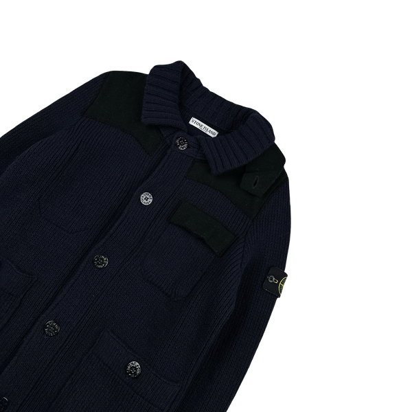 Stone Island 2011 Heavyweight Wool Navy Panelled Buttoned Knit - Medium