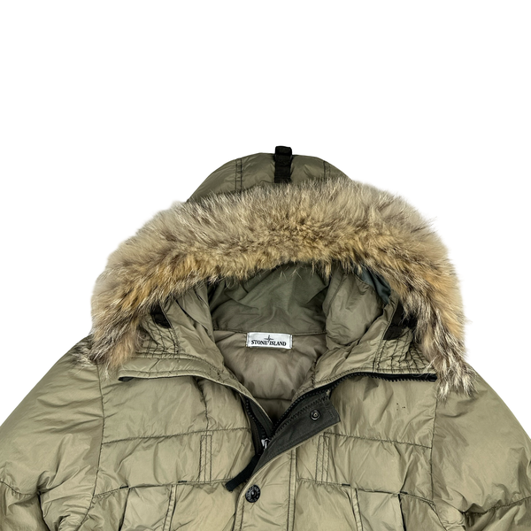 Stone Island 2015 Fur Trim Brown Crinkle Reps Puffer Jacket - Large