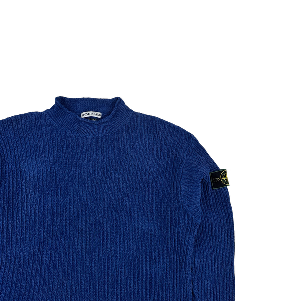 Stone Island 1995 Blue Mock Neck Cotton Knit Jumper - XL