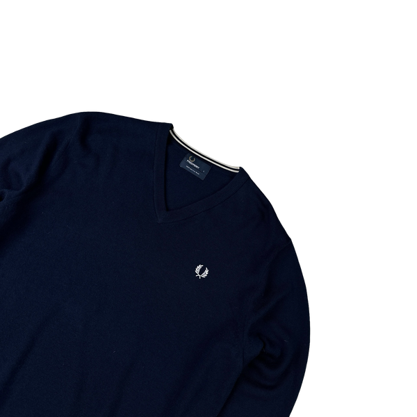 Fred Perry Merino Wool Navy V Neck Knit - Large