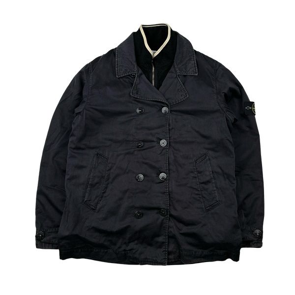 Stone Island 2008 Navy Lined Raso Gommato Wool Lined Trench Coat - XL